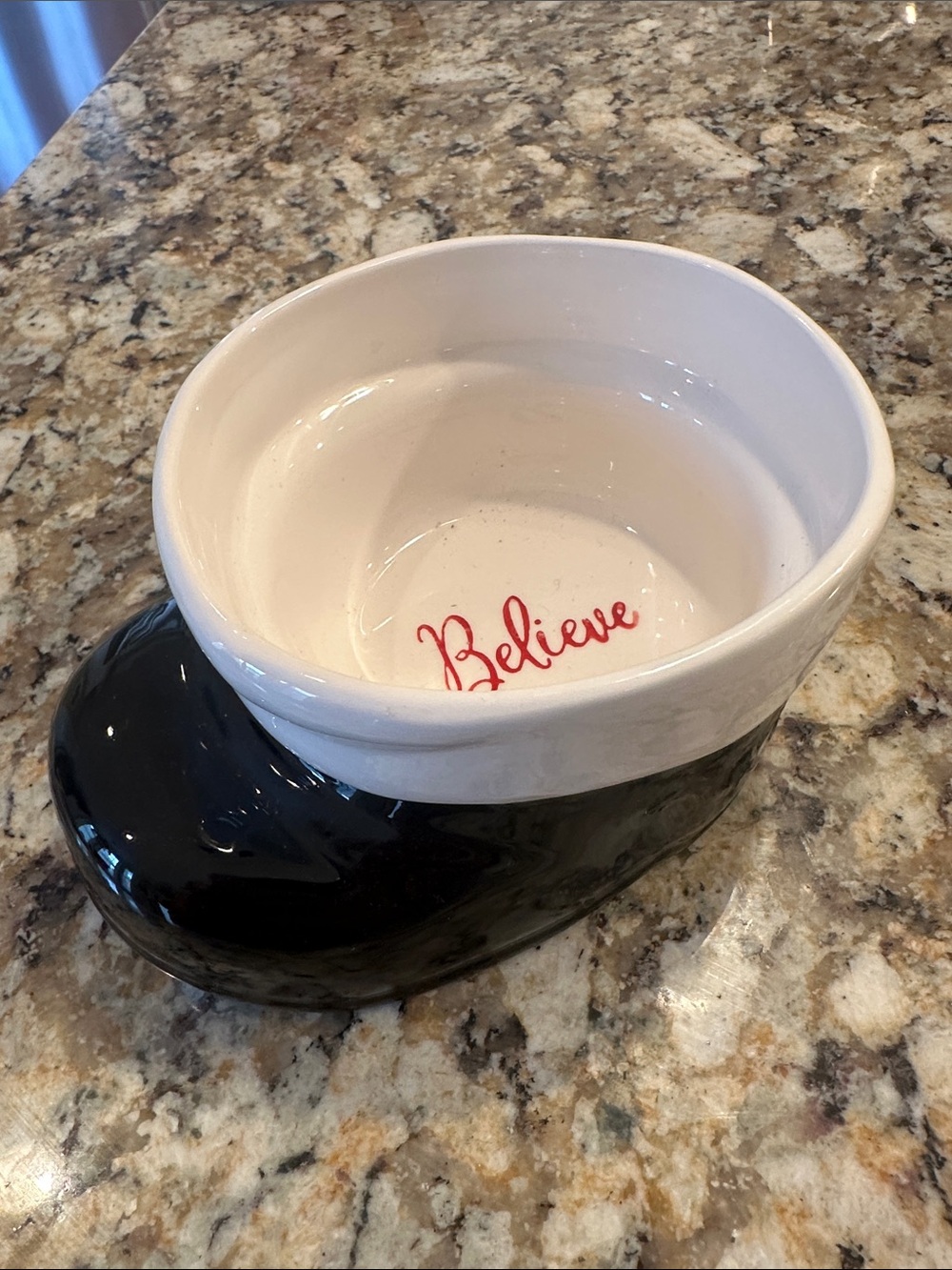 Glossy Black & White Ceramic Santas Boot Serving Dish with Red “Believe” Accent